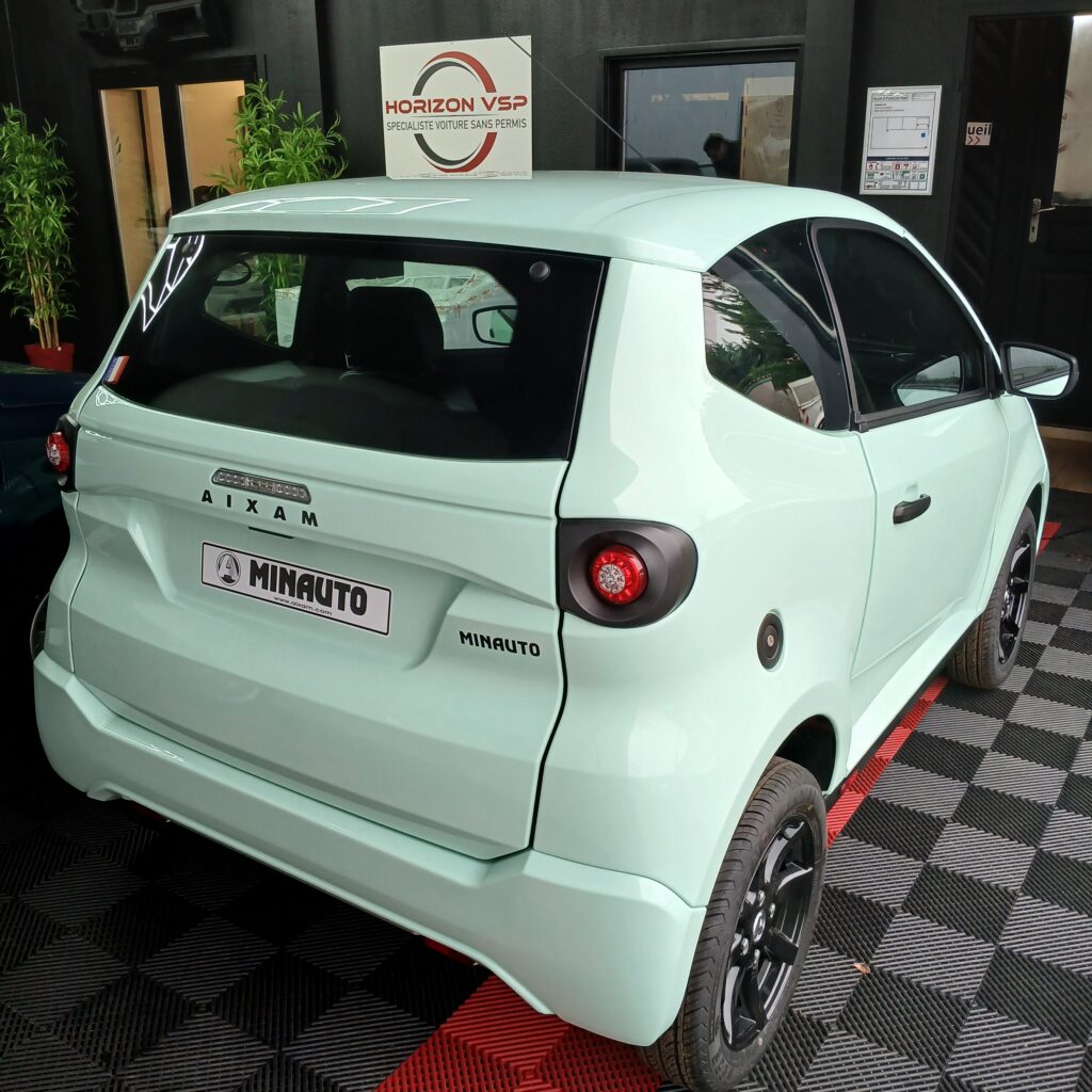 Vue arrière de l’Aixam Minauto Access Vert Jade chez Horizon VSP à Saint-Orens
